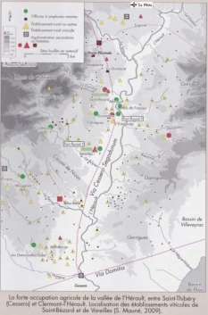 Map showing concentration of Gallo-Roman sites in the Hérault Valley  (S. Mauné 2009)